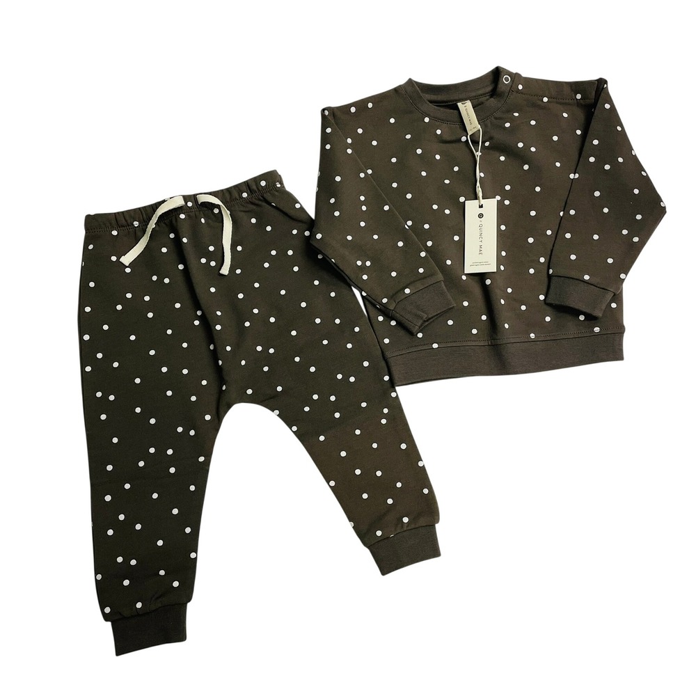 Quincy Mae Sweatshirt Jogger Set Brown Polka Dot Organic Kids 12-18M